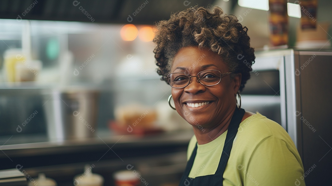 Velha negra trabalhando em um fast food