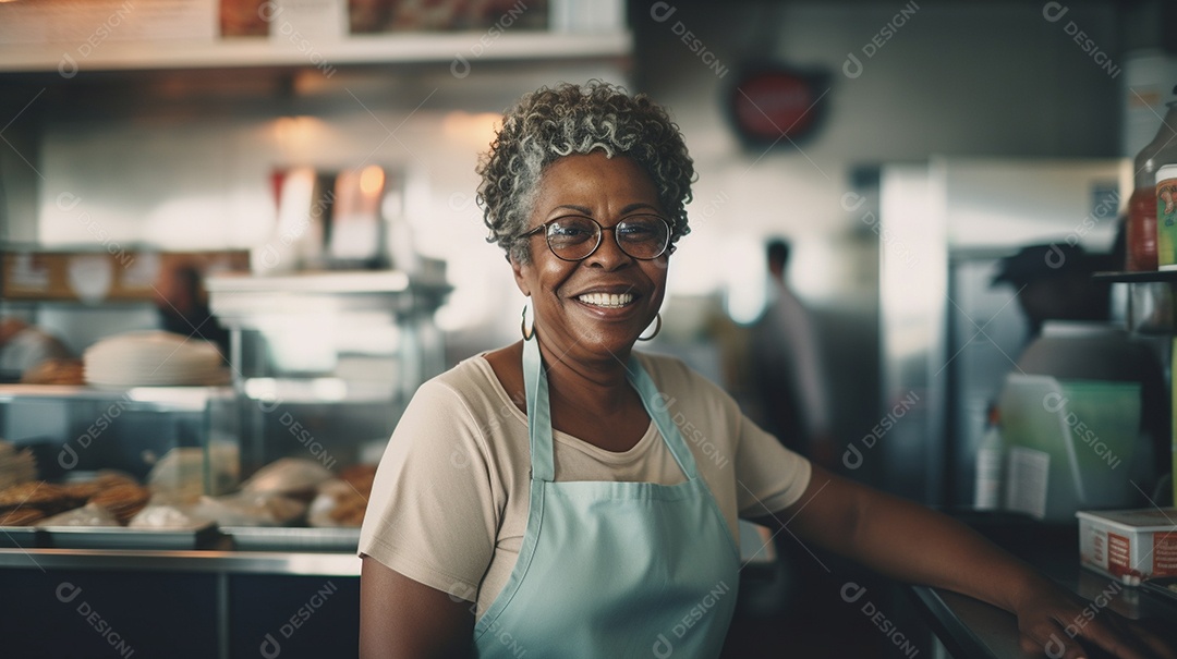 Velha negra trabalhando em um fast food