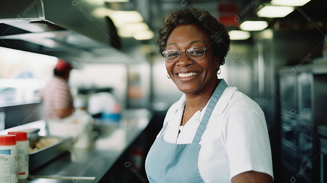 Velha negra trabalhando em um fast food