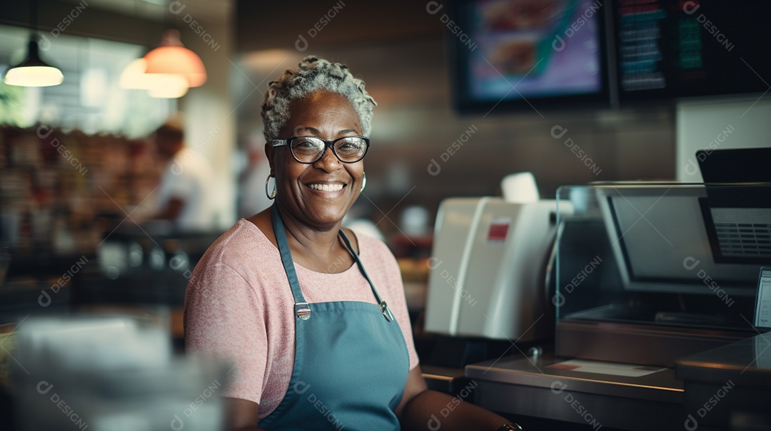 velha negra trabalhando em um fast food