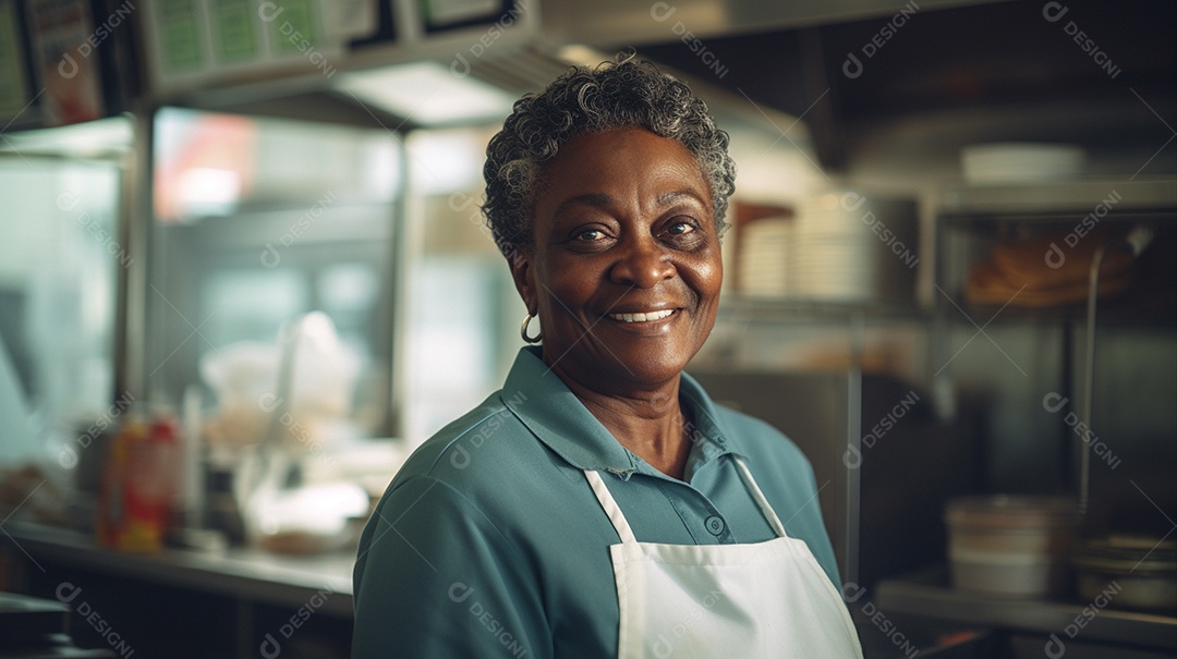 Velha negra trabalhando em um fast food