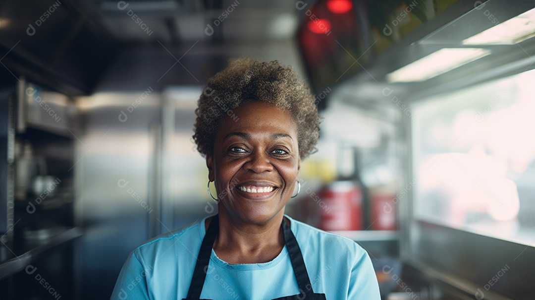 Velha negra trabalhando em um fast food