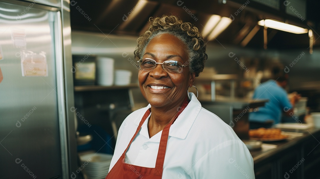 velha negra trabalhando em um fast food