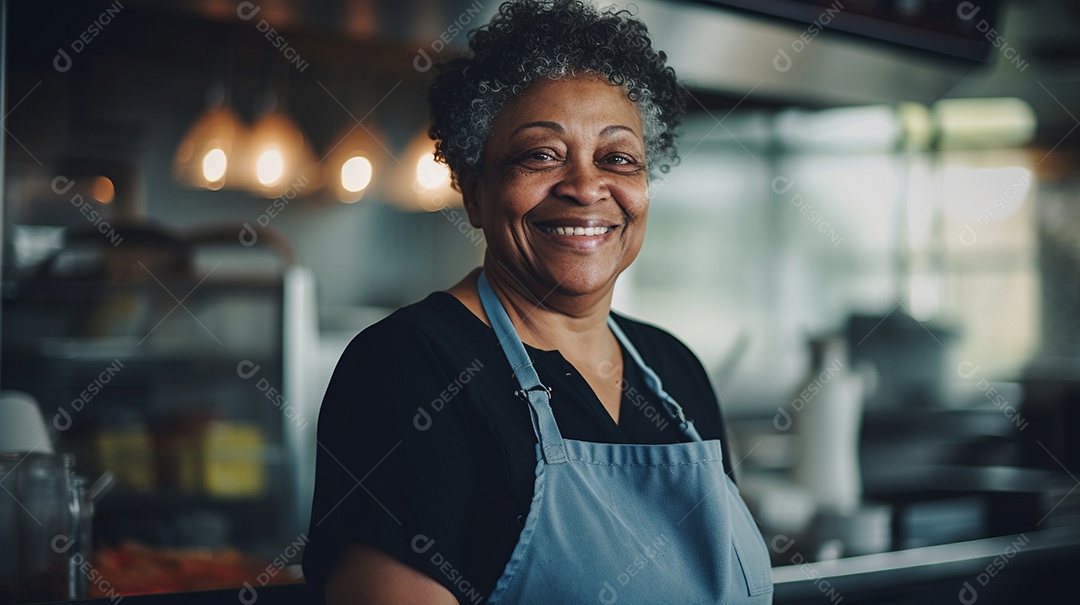 Velha negra trabalhando em um fast food