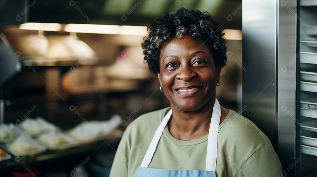 Velha negra trabalhando em um fast food