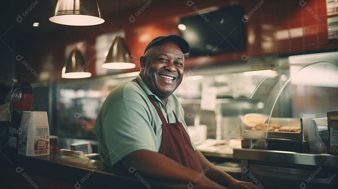 Velho negro trabalhando em um fast food