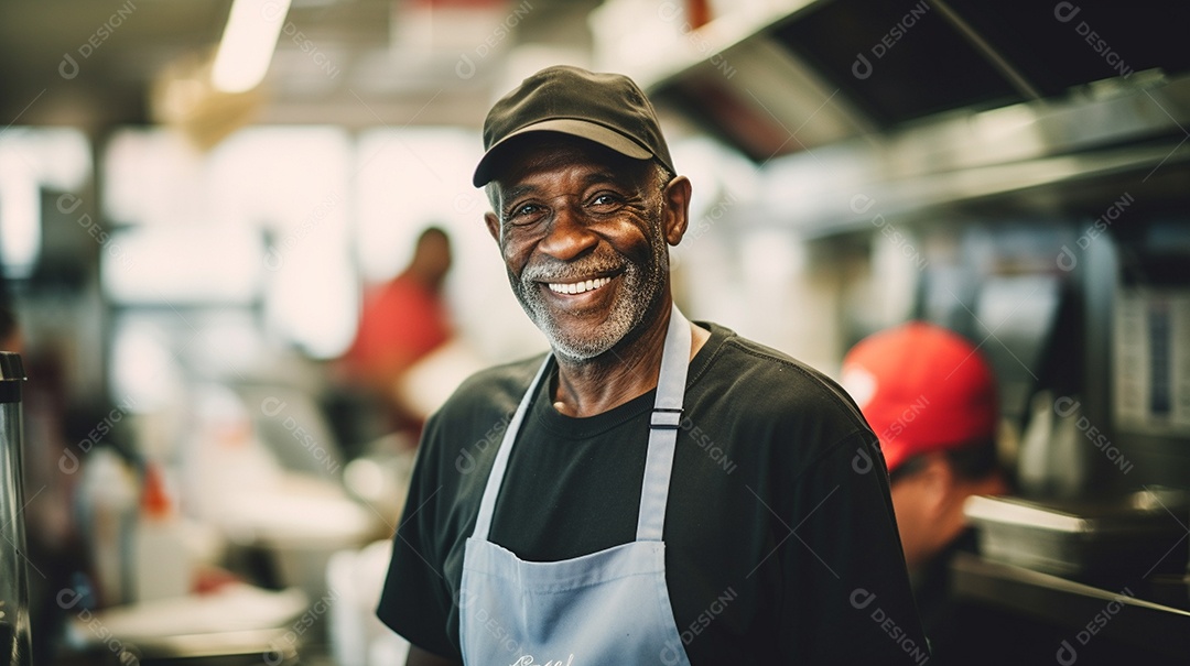 Velho negro trabalhando em um fast food
