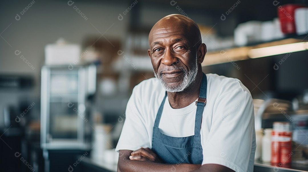 Velho negro trabalhando em um fast food