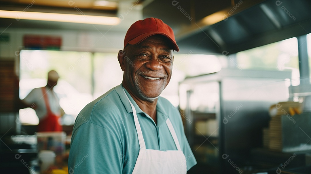 Velho negro trabalhando em um fast food