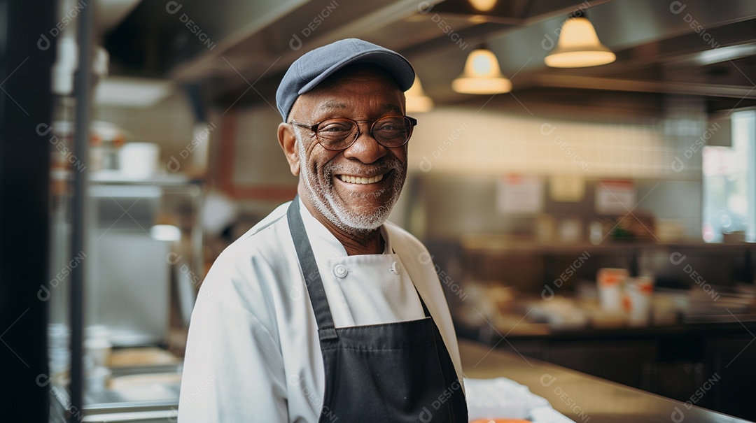 Velho negro trabalhando em um fast food