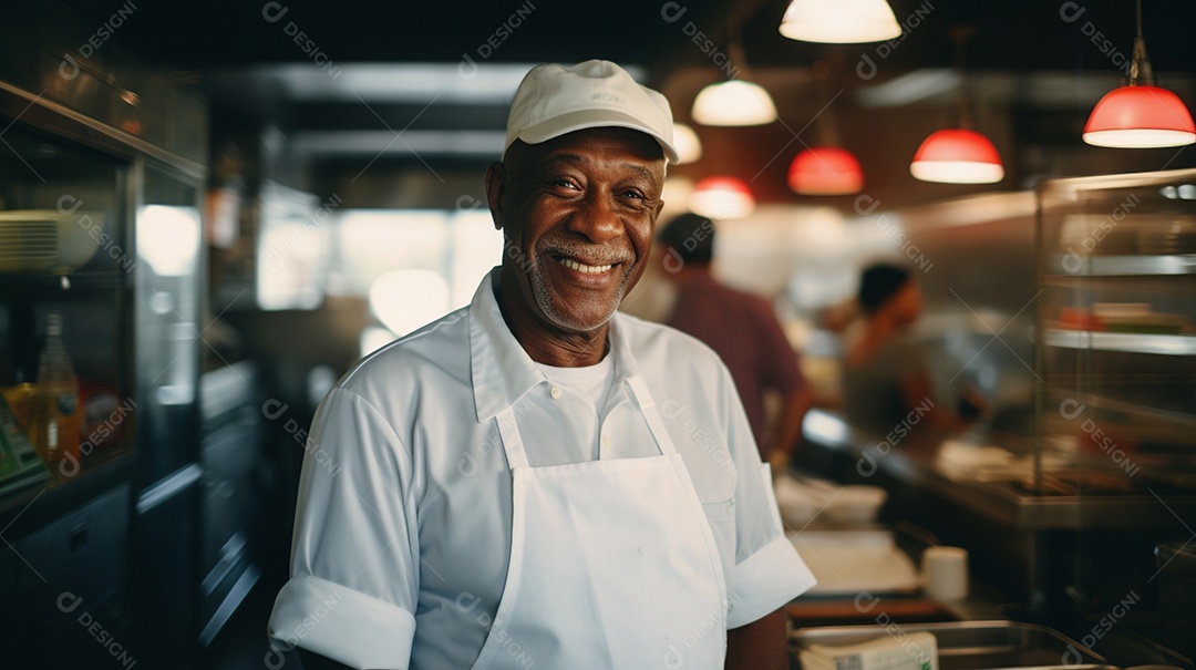 Velho negro trabalhando em um fast food