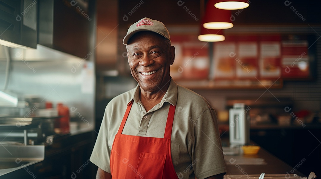 Velho negro trabalhando em uma loja de fast food