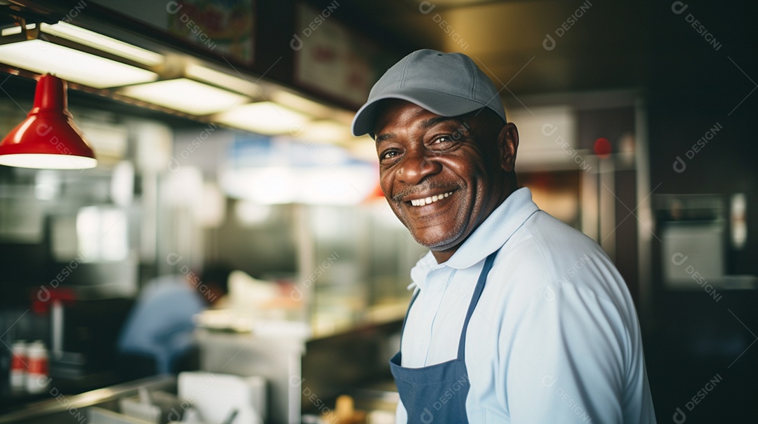 Velho negro trabalhando em uma loja de fast food