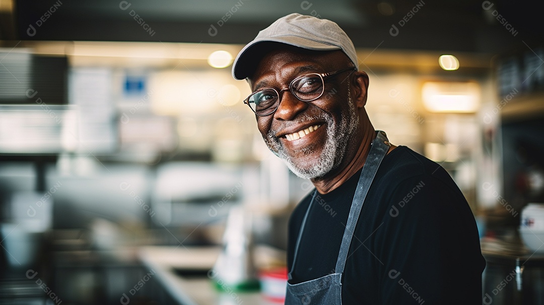 Velho negro trabalhando em uma loja de fast food