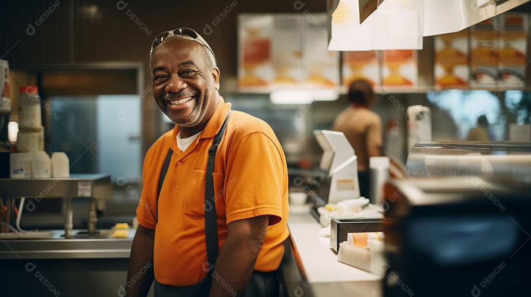 Velho negro trabalhando em uma loja de fast food