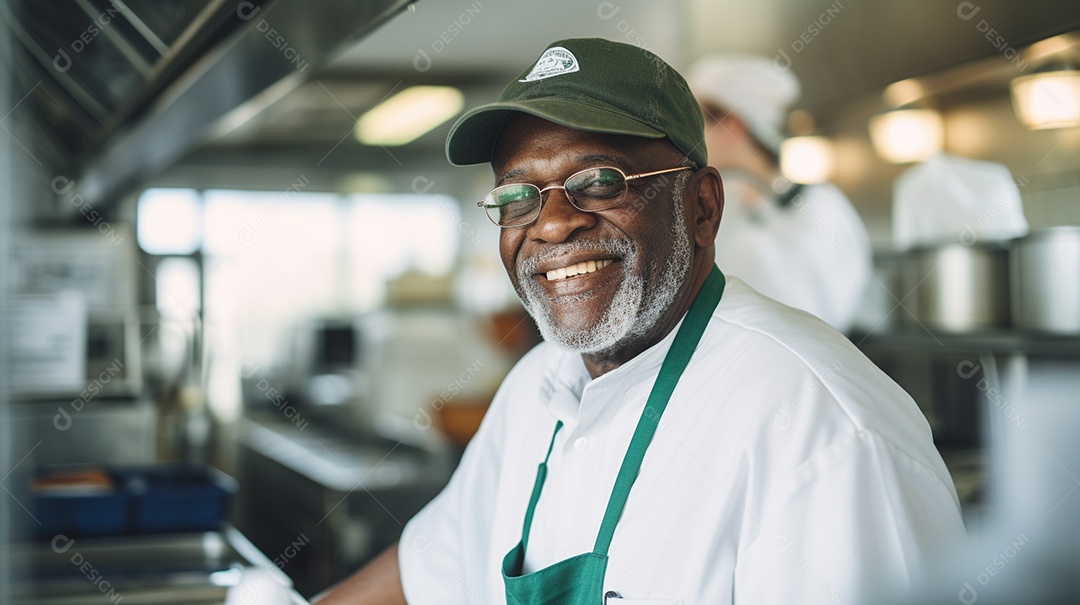 Velho negro trabalhando em uma loja de fast food