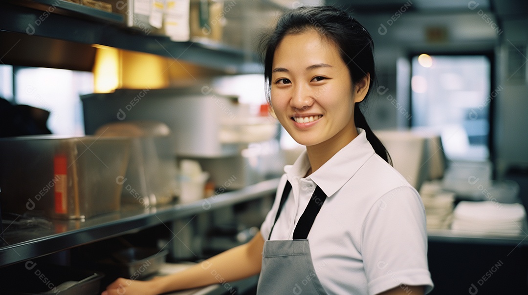 Mulher jovem trabalhando em uma loja de fast food