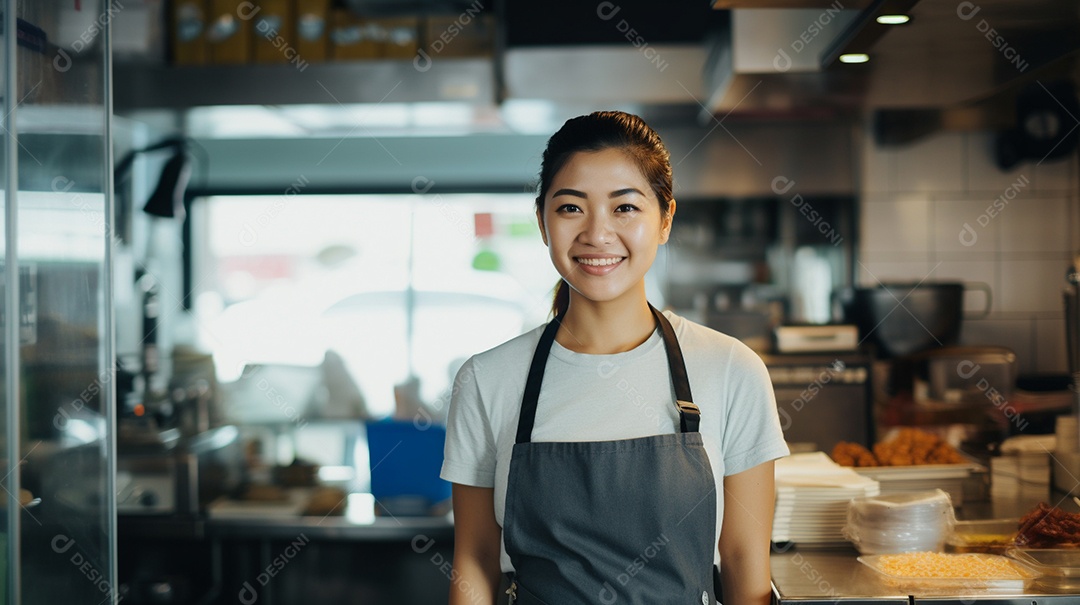 Mulher jovem trabalhando em uma loja de fast food