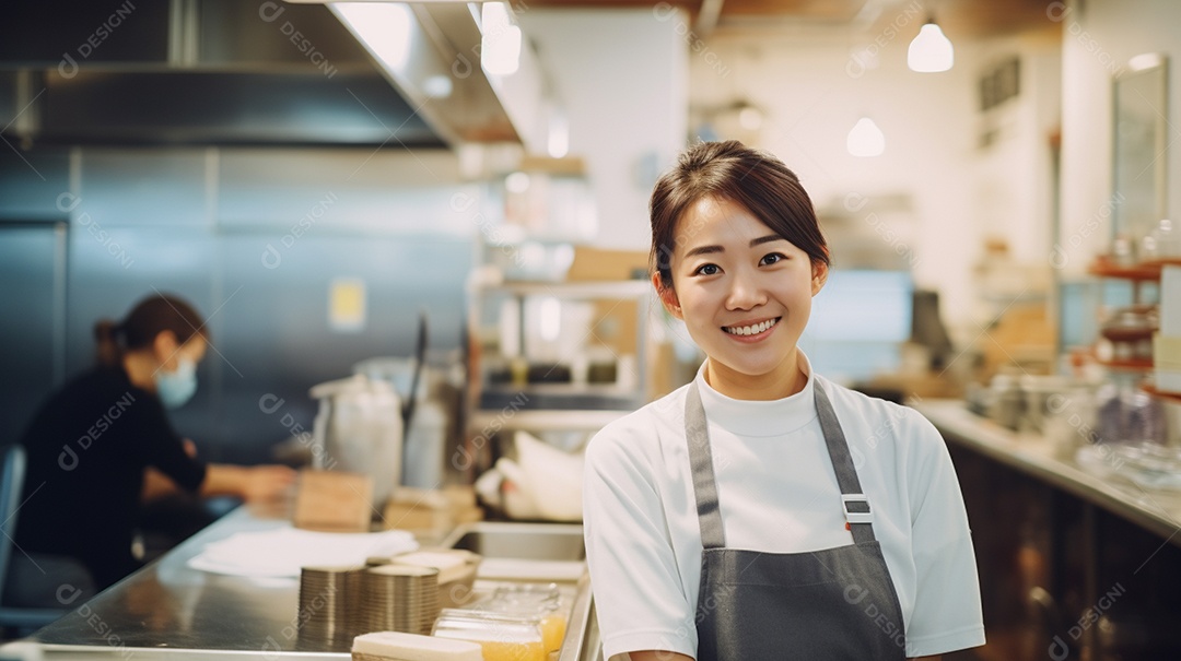 Mulher jovem trabalhando em uma loja de fast food