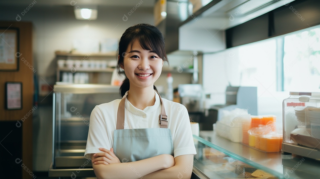 Mulher jovem trabalhando em uma loja de fast food
