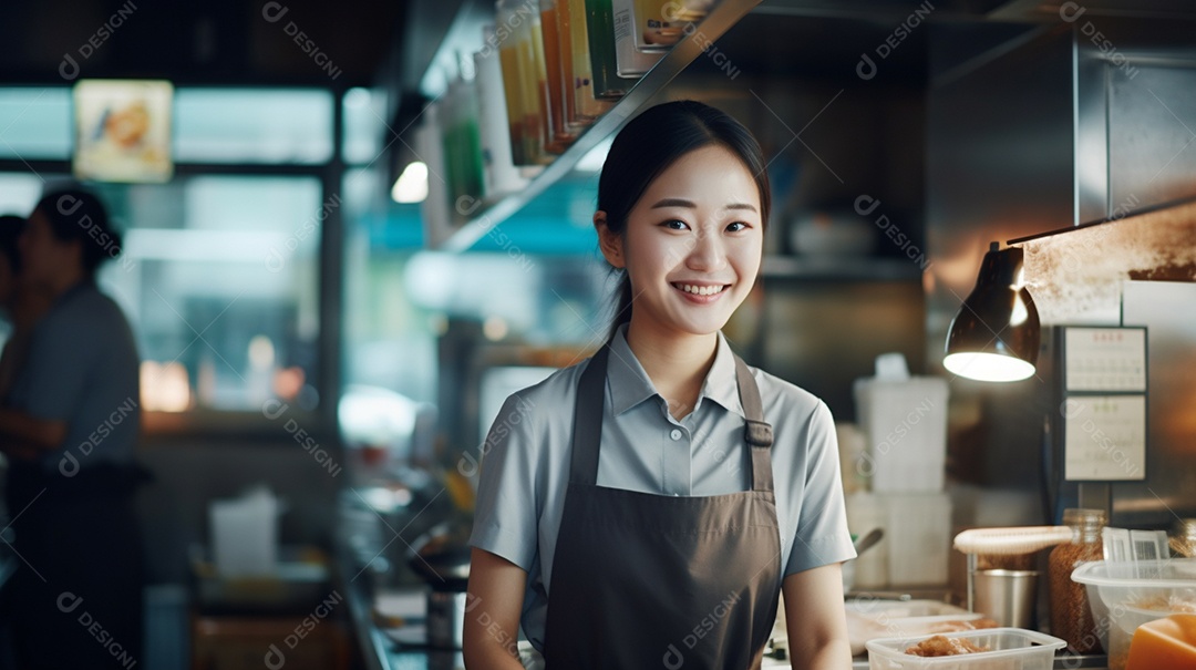 Mulher jovem trabalhando em uma loja de fast food
