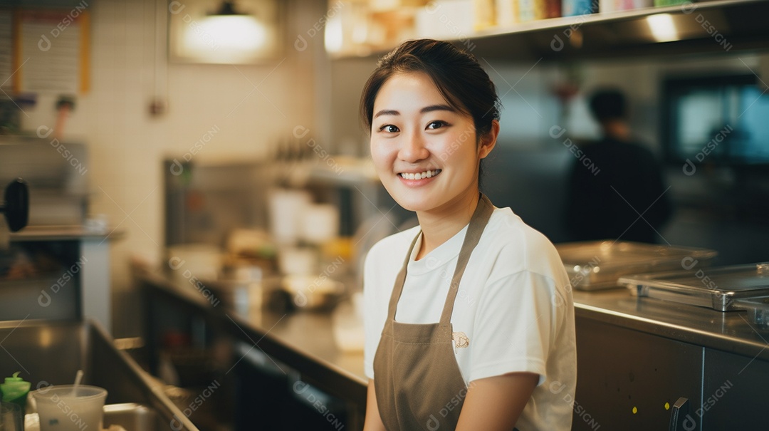 Mulher jovem trabalhando em uma loja de fast food