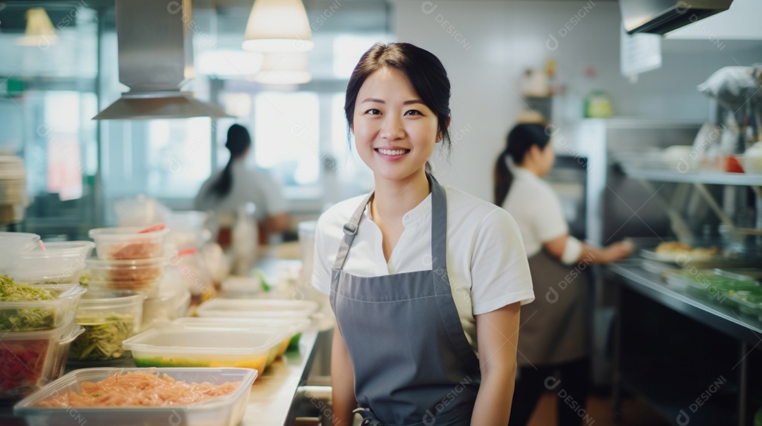 Mulher jovem trabalhando em uma loja de fast food