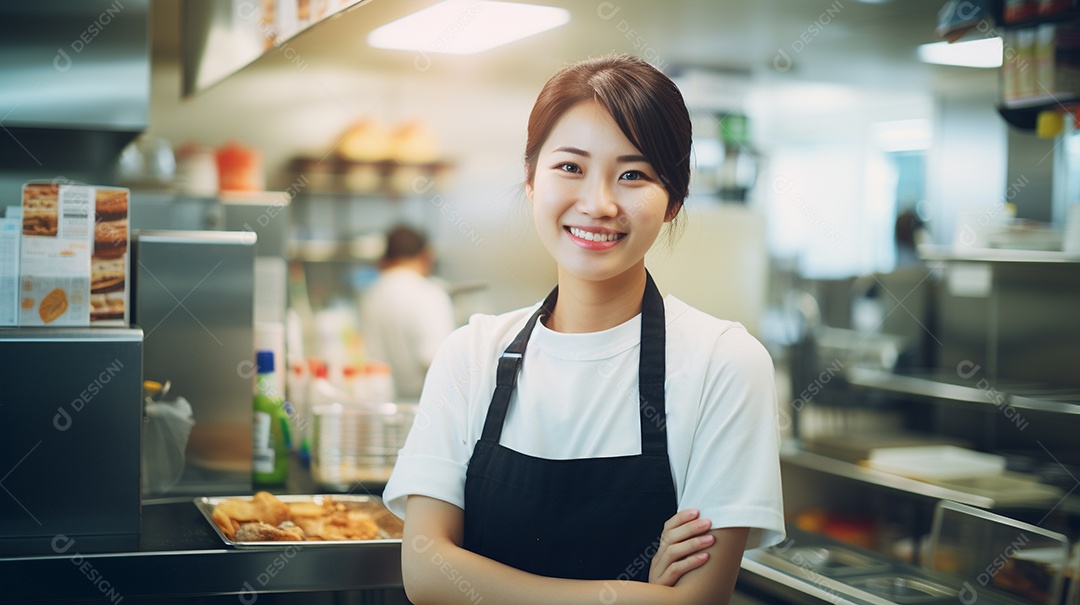 Mulher jovem trabalhando em uma loja de fast food