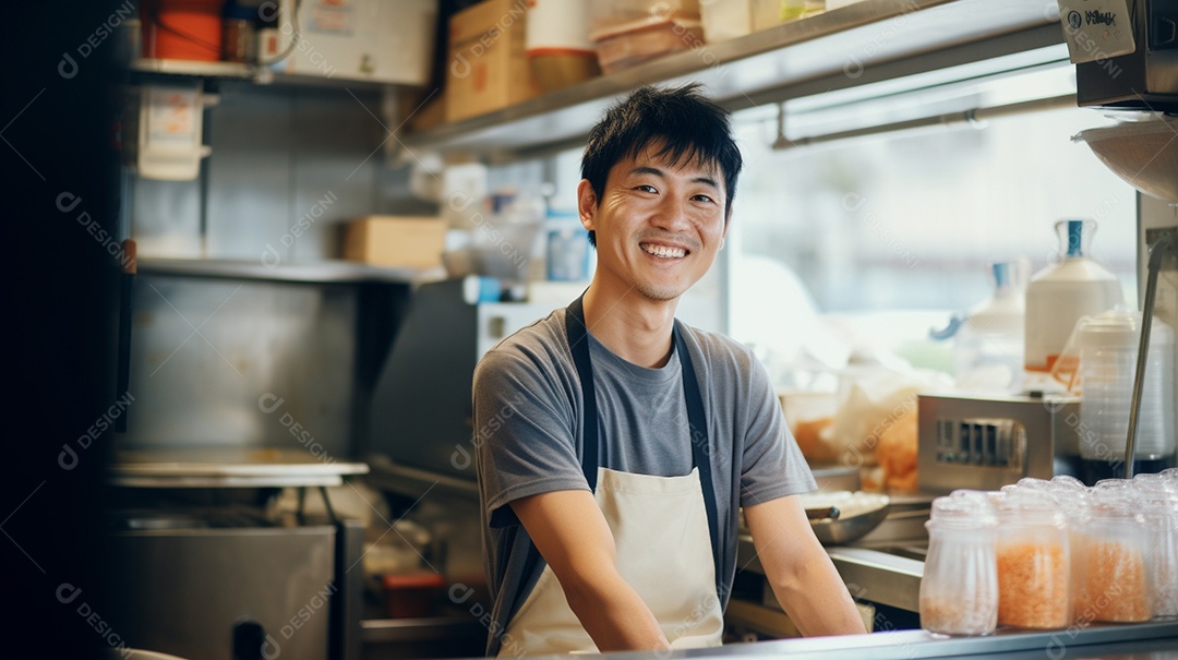 Homem jovem trabalhando em uma loja de fast food