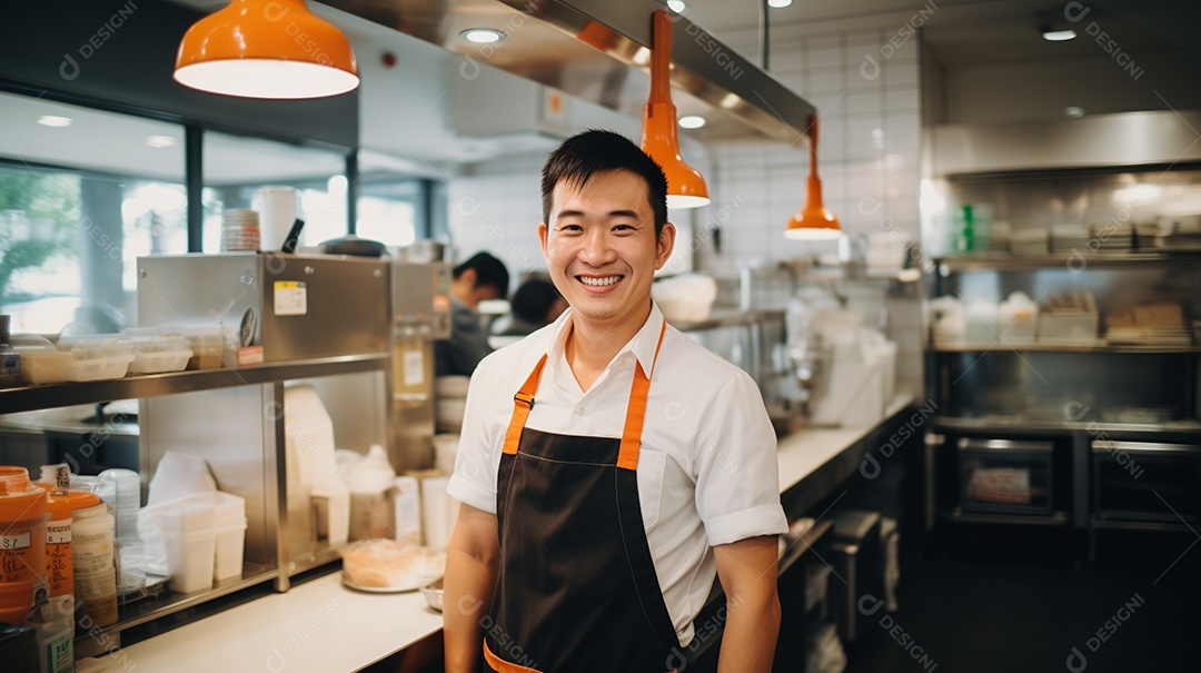 Homem jovem trabalhando em uma loja de fast food
