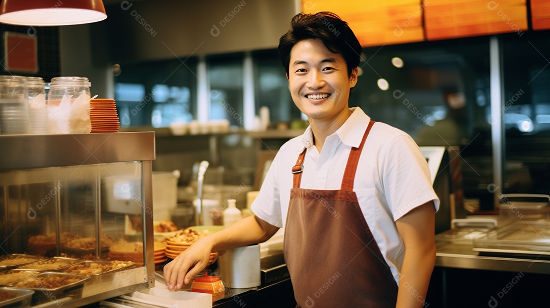 Homem jovem trabalhando em uma loja de fast food