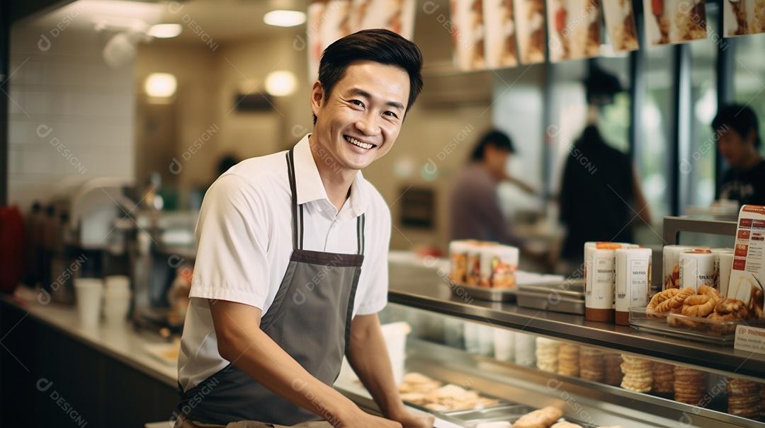 Homem asiático trabalhando em uma loja de fast food