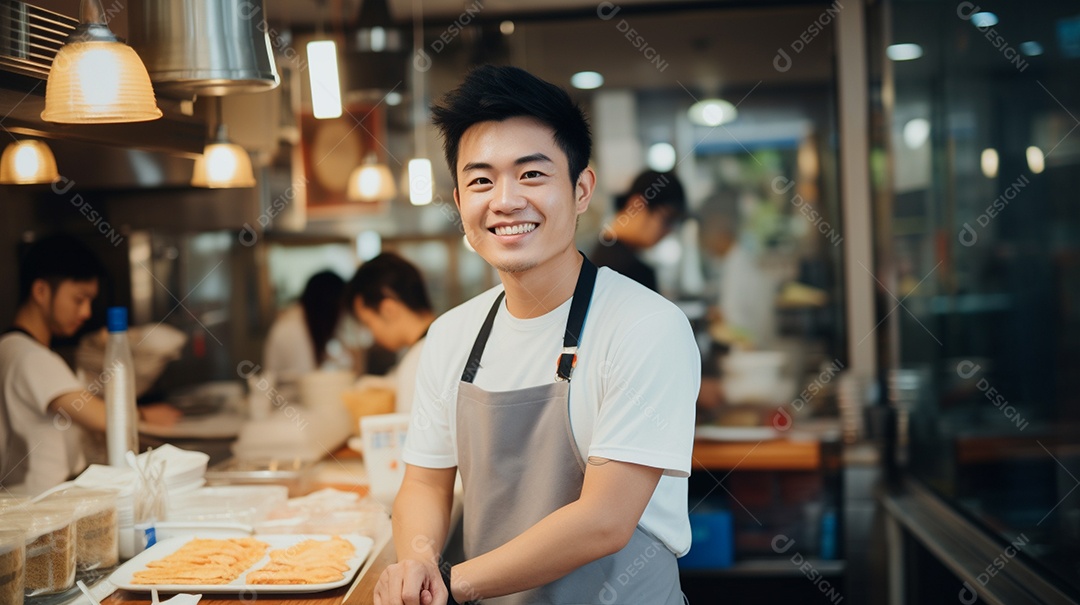 Homem asiático trabalhando em uma loja de fast food