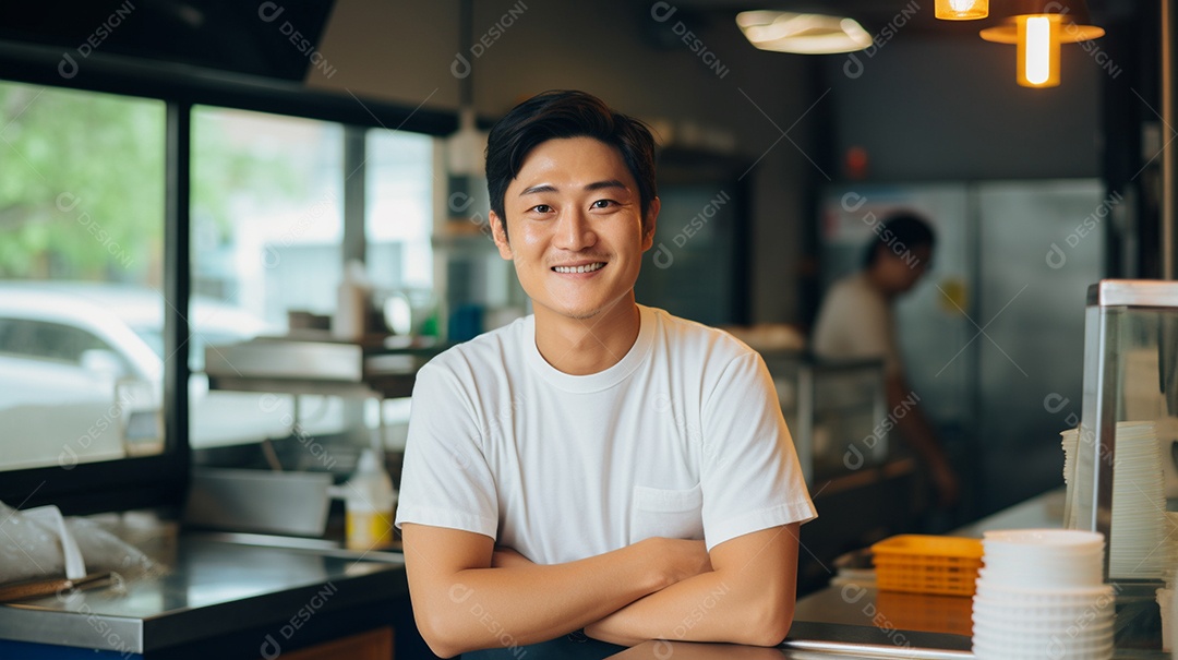 Homem asiático trabalhando em uma loja de fast food