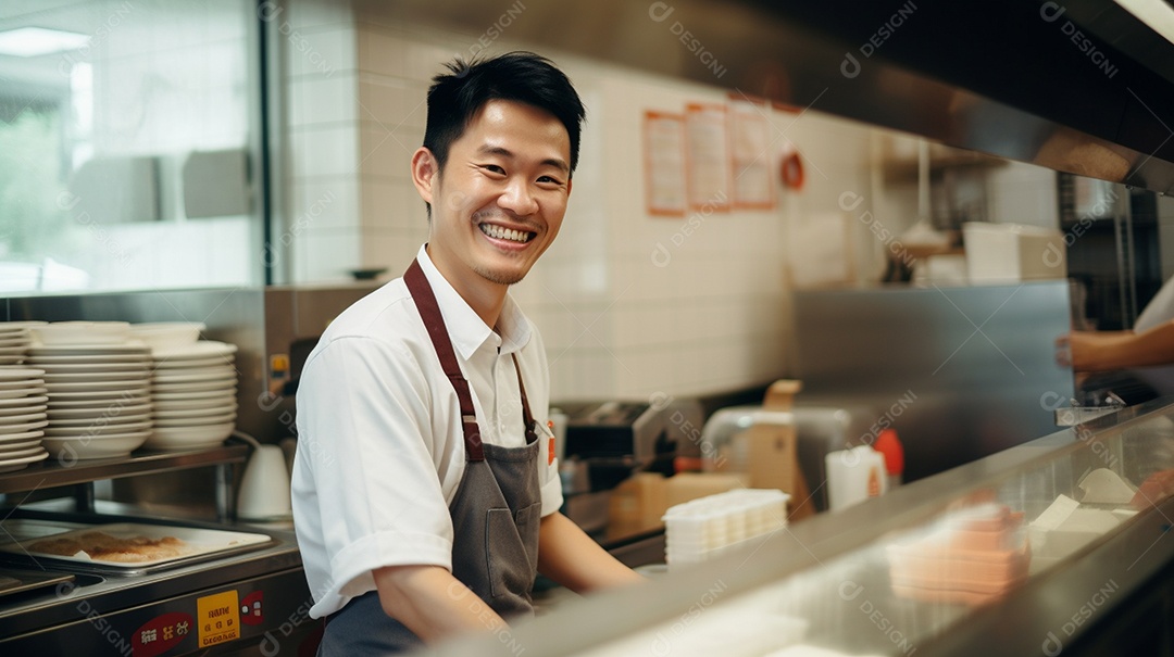 Homem asiático trabalhando em uma loja de fast food