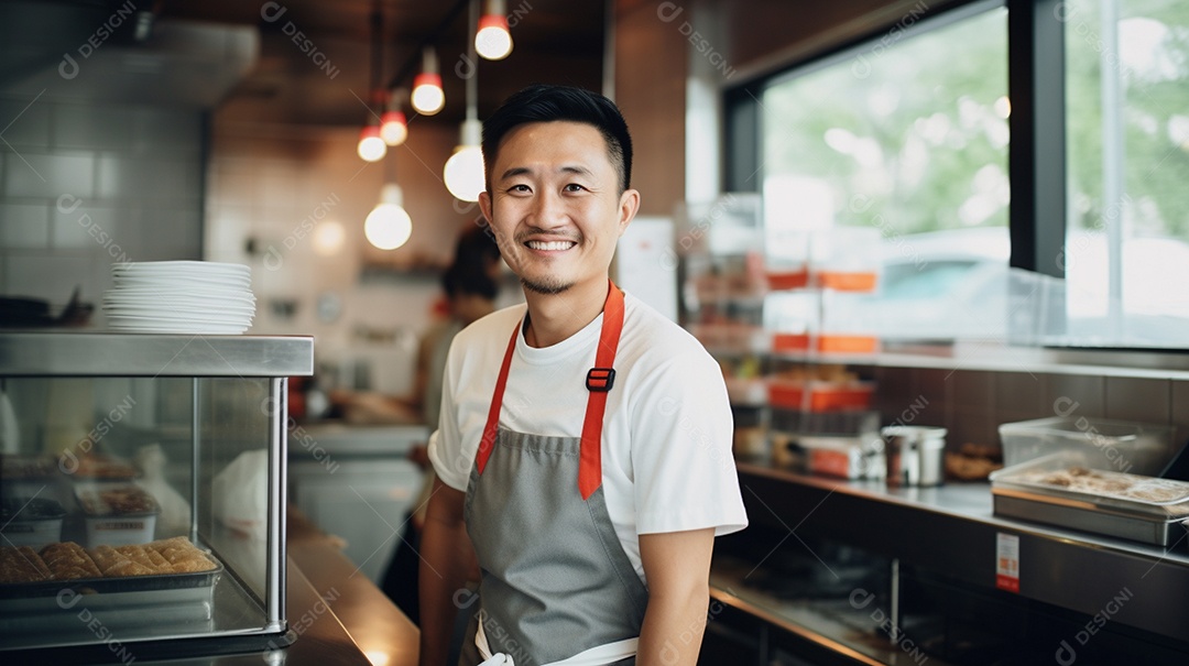 Homem asiático trabalhando em uma loja de fast food