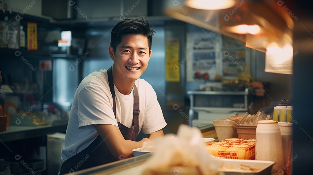 Homem asiático trabalhando em uma loja de fast food