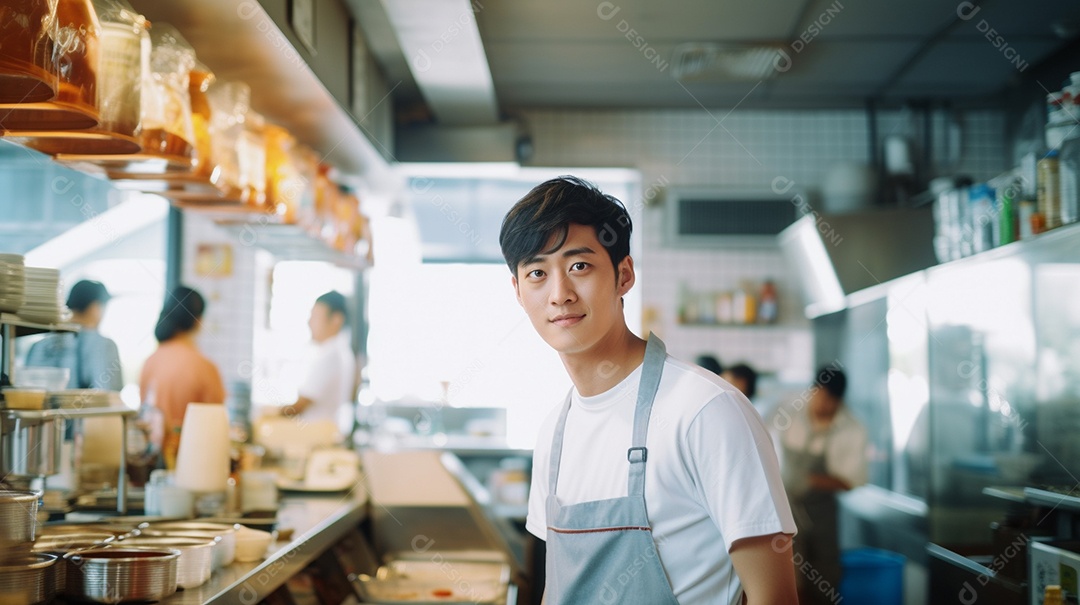 Homem asiático trabalhando em uma loja de fast food