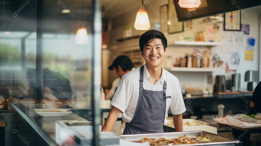 Homem asiático trabalhando em uma loja de fast food