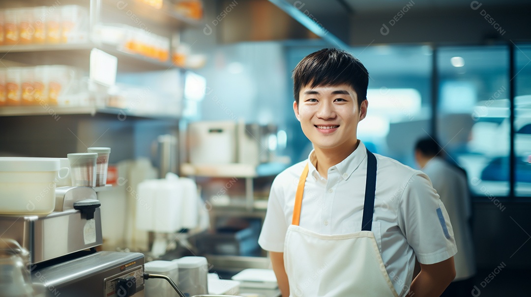 Homem asiático trabalhando em uma loja de fast food