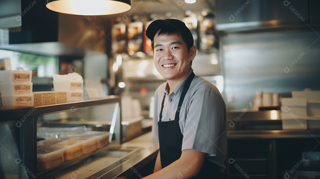 Homem asiático trabalhando em uma loja de fast food