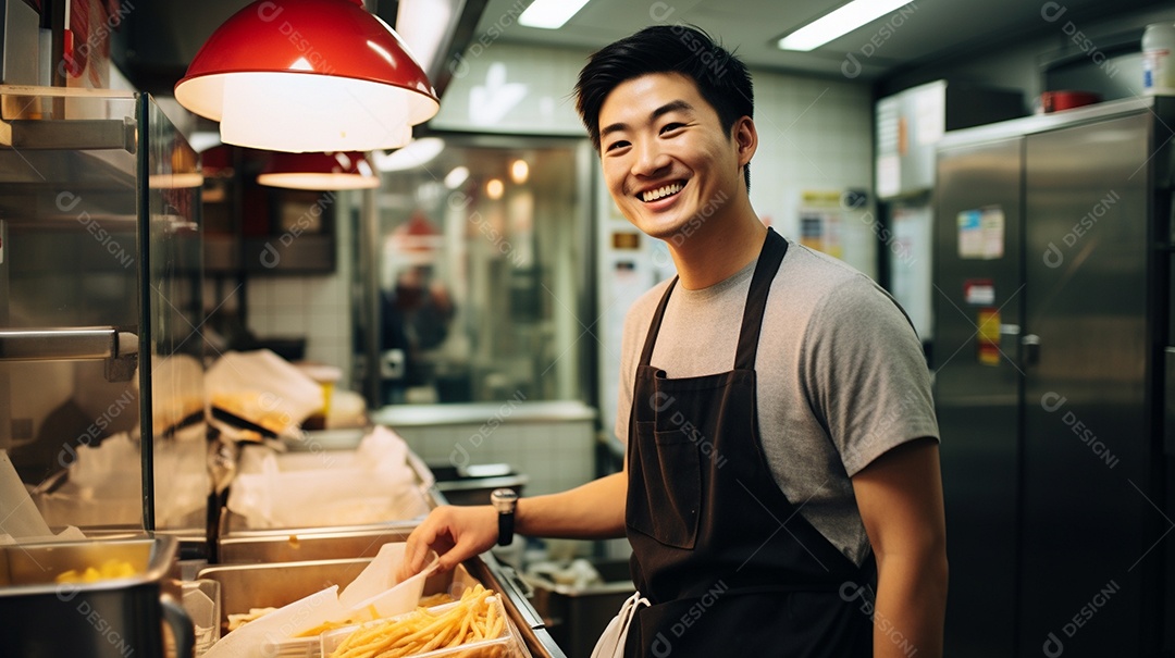 Homem asiático trabalhando em uma loja de fast food
