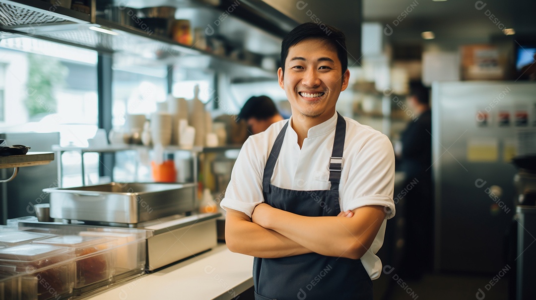 Mulher asiática atraente na casa dos 30 anos em um macbook