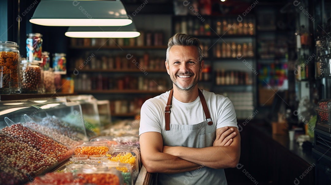 Homem trabalhando em uma loja de doces