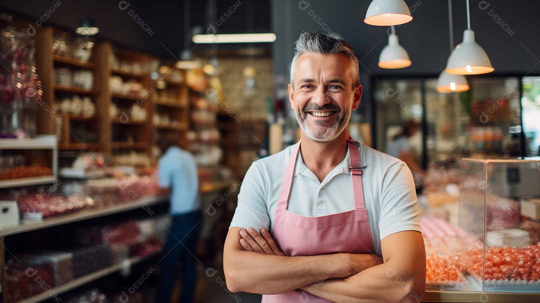Homem trabalhando em uma loja de doces