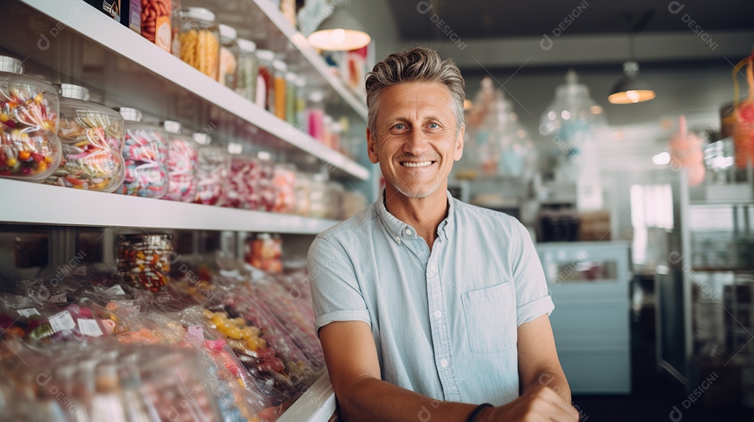 Homem trabalhando em uma loja de doces