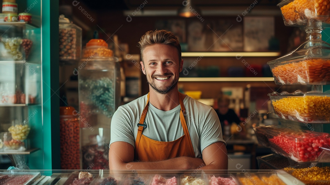 Homem trabalhando em uma loja de doces