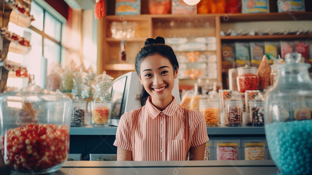 Mulher trabalhando em uma loja de doces