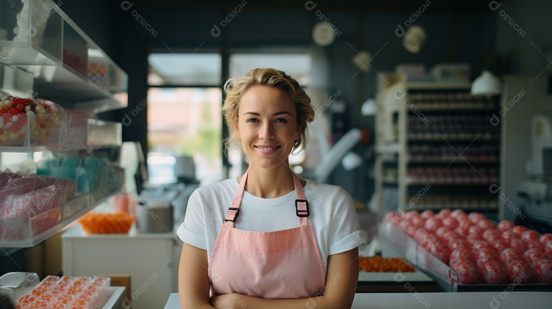 Mulher trabalhando em uma loja de doces