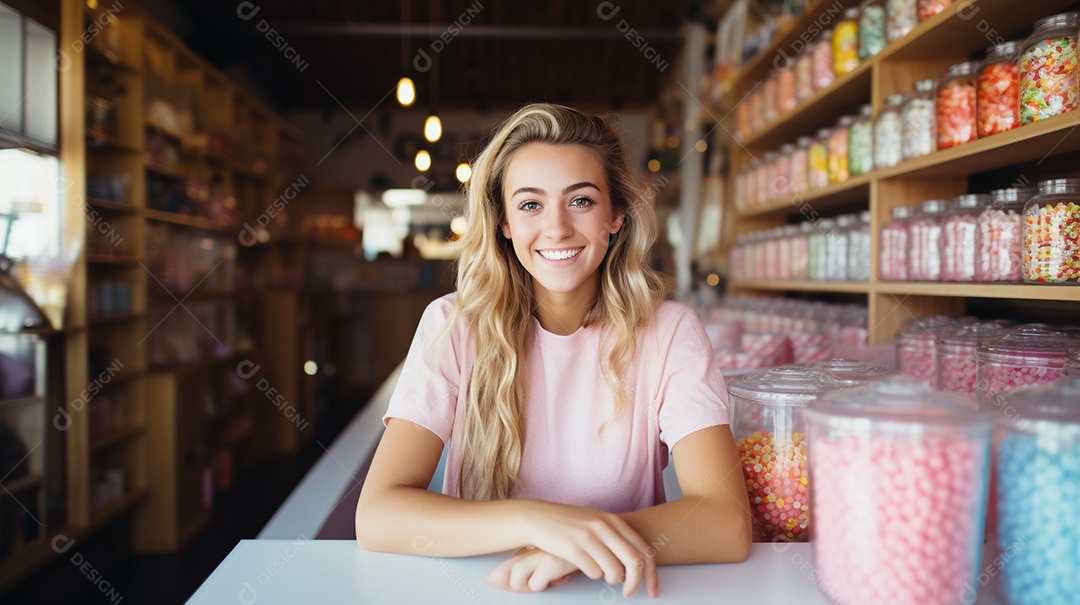 Mulher trabalhando em uma loja de doces